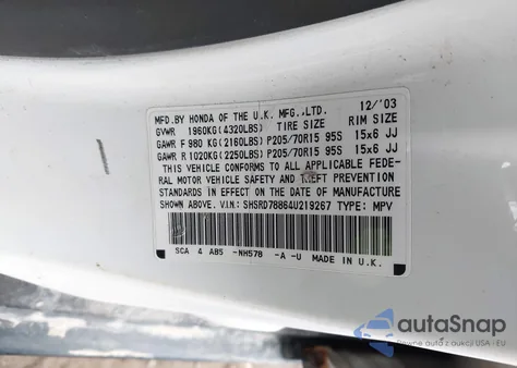 2004 Honda Cr-V Ex z USA, uszkodzony, nr VIN SHSRD78864U219267